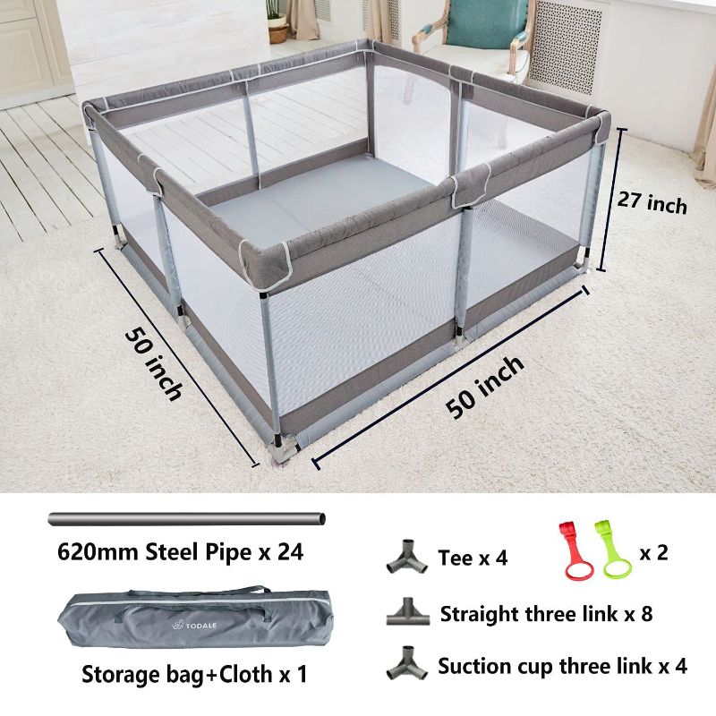 Photo 1 of Baby Playpen for Toddler, Large Baby Playard, Indoor & Outdoor Kids Activity Center with Anti-Slip Base, Sturdy Safety Play Yard with Soft Breathable Mesh, Playpen for Babies(Gray,50”×50”)