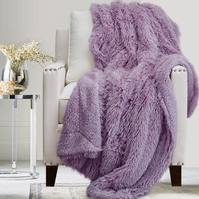 Photo 2 of The Connecticut Home Company Throw Blanket, Soft Plush Reversible Shag and Sherpa, Queen 90x90, Warm Thick Throws for Bed, Comfy Washable Bedding Accent Blankets for Sofa Couch Chair, Purple
