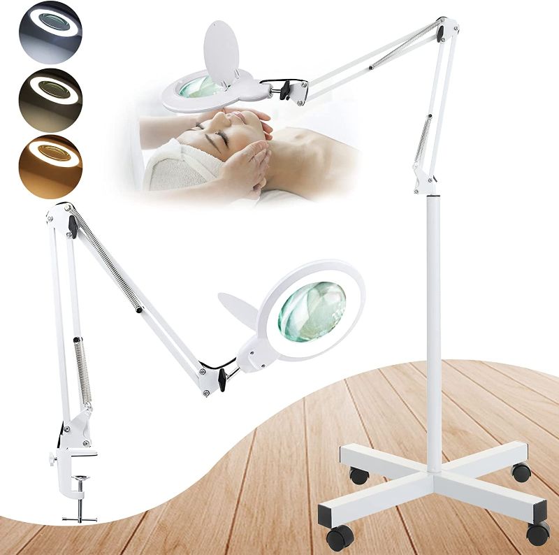 Photo 3 of New Upgrade) 10X Magnifying Floor Lamp with Clamp and 4 Wheel Rolling Base,HITTI 2200 LM LED 3 Color Dimmable Magnifying Glass with Light, Adjustable Arm Lighted Magnifier for Close Work, Esthetican