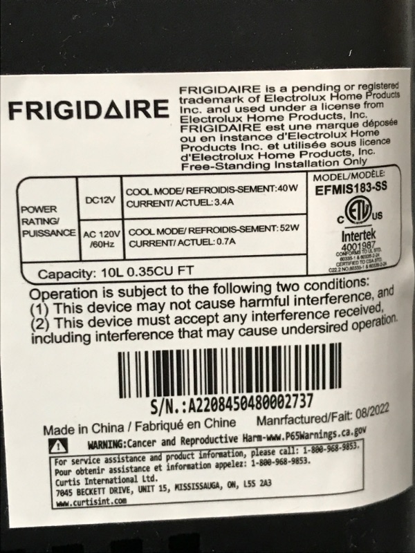 Photo 5 of **SEE NOTES**
FRIGIDAIRE Portable 10L, 15-can Mini Fridge Brushed Stainless Rugged Refrigerator, EFMIS188-SS