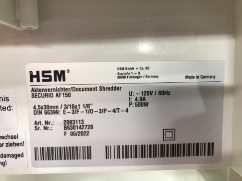 Photo 5 of HSM SECURIO AF150 Cross-cut Shredder with automatic paper feed; shreds up to 150 automatically/19 manually; 9 gallon capacity