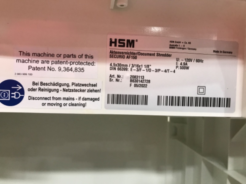 Photo 4 of HSM SECURIO AF150 Cross-cut Shredder with automatic paper feed; shreds up to 150 automatically/19 manually; 9 gallon capacity