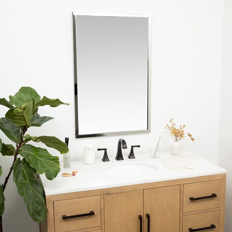 Photo 2 of Hamilton Hills 24x36 inch Polished Silver Metal Frame Full Length Mirror | Commercial Industrial Contemporary Rectangle Mirrors | Wall Mounted Mirror for Bathroom Vanity | Hangs Horizontal & Vertical