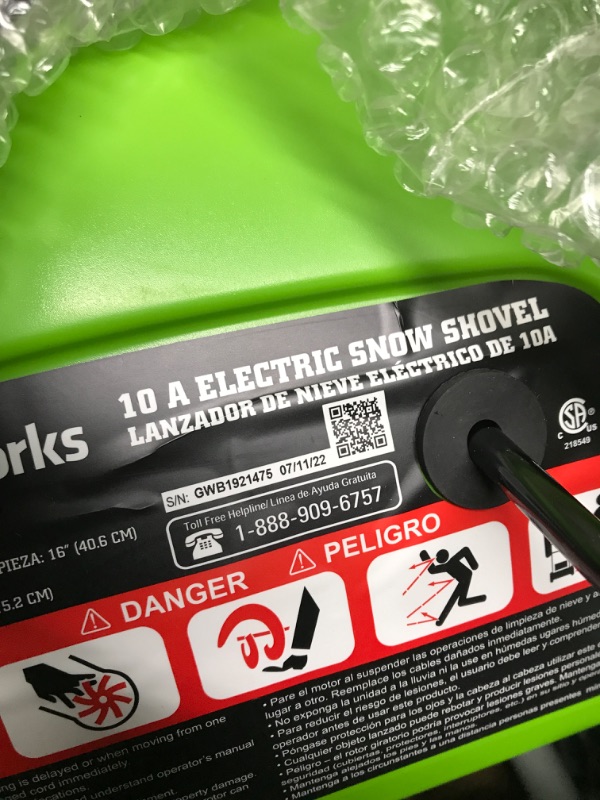 Photo 3 of ***UNABLE TO TEST****Greenworks 10 Amp Corded Snow Thrower, Green