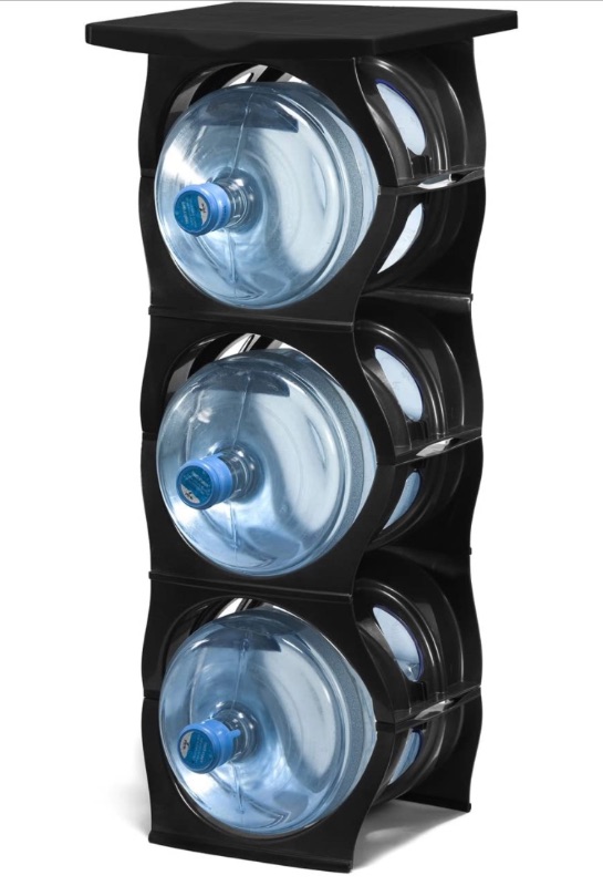 Photo 1 of ****MINOR DAMAGE***  Stackable Water Bottle Storage Rack Best Water Jugs 5 Gallon Organizer. Jug Holder for Kitchen, Cabinet and Office Organizing. Reinforced Polypropylene (3 Plus Shelf, Black)