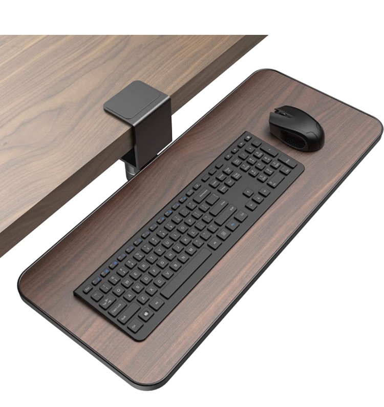 Photo 1 of Rotating Keyboard Tray Under Desk - Klearlook Keyboard Drawer Adjustable C Clamp,Ergonomic Mouse Keyboard Platform Extender,No Drilling,Easy Install Keyboard Stand,23.62"x 9.84"Inch-Dark Wood Grain