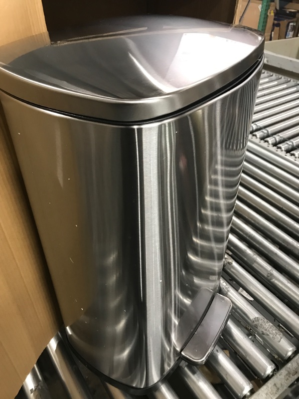 Photo 1 of Amazon Basics 50 Liter / 13.2 Gallon Soft-Close, Smudge Resistant Trash Can with Foot Pedal - Brushed Stainless Steel, Satin Nickel Finish
