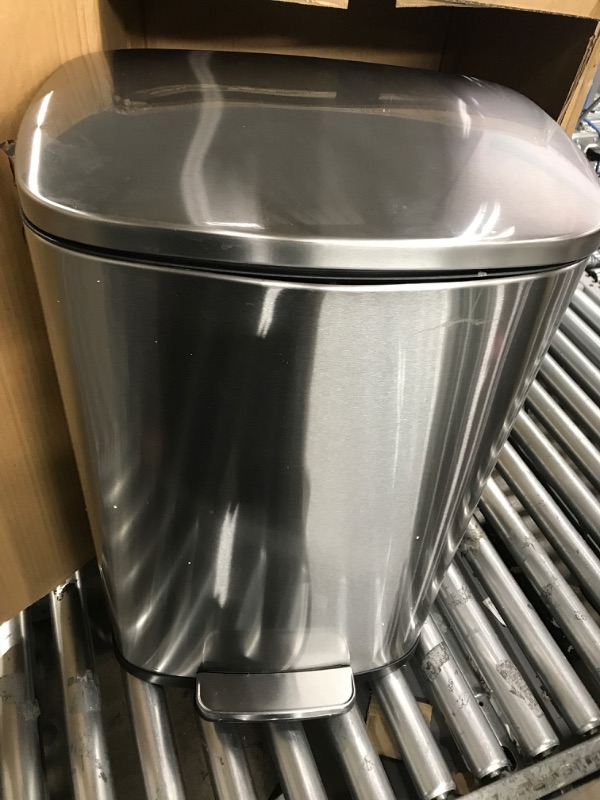 Photo 1 of Amazon Basics 50 Liter / 13.2 Gallon Soft-Close, Smudge Resistant Trash Can with Foot Pedal - Brushed Stainless Steel, Satin Nickel Finish
