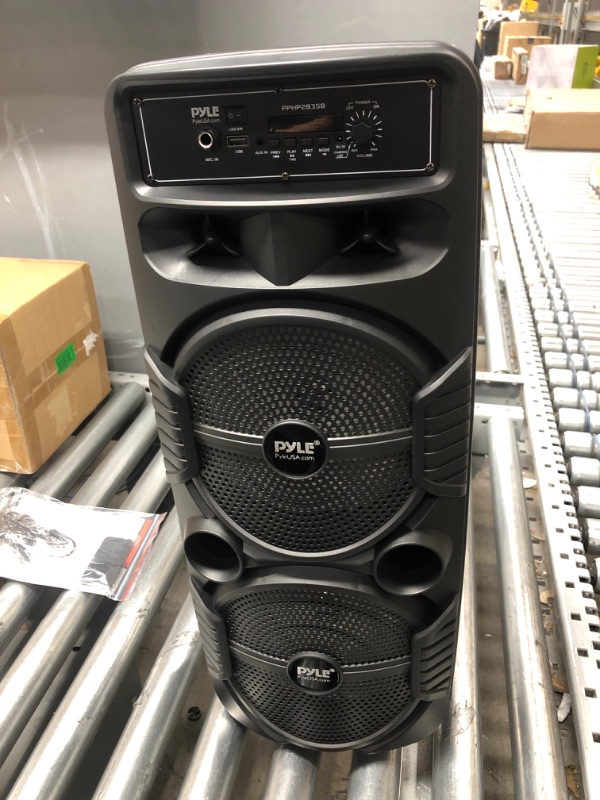 Photo 2 of Pyle Portable Bluetooth PA Speaker System - 600W Rechargeable Outdoor Bluetooth Speaker Portable PA System w/ Dual 8” Subwoofer 1” Tweeter, Microphone In, Party Lights, USB, Radio, Remote - PPHP2835B