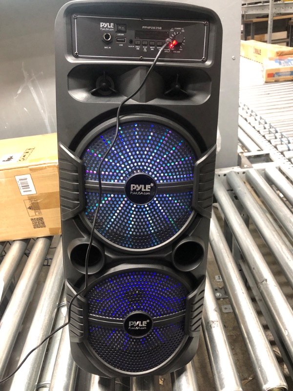 Photo 4 of Pyle Portable Bluetooth PA Speaker System - 600W Rechargeable Outdoor Bluetooth Speaker Portable PA System w/ Dual 8” Subwoofer 1” Tweeter, Microphone In, Party Lights, USB, Radio, Remote - PPHP2835B