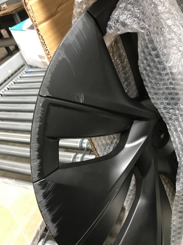 Photo 3 of *Minor Damage to One Hubcap- See Photos* KAVANIC Fits Tesla Model Y Wheel Cover Hubcap 19 Inch Matte Black Support Logo Range Improvement (4 PCS) Gemini Style 2020-2023 Model Y Wheel Cover Replacement Model Y Matt Black OEM Style