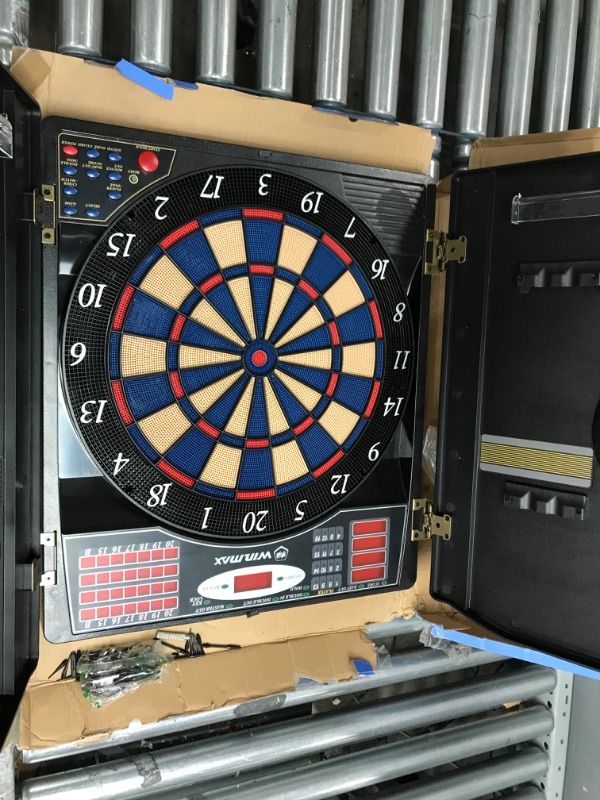 Photo 3 of *Loose Hardware-See Photos* WIN.MAX Electronic Dart Board Cabinet Set, Soft Tip Darts Board with LED Electronic Scoreboard for Darts, up to 16 Players , 38 Games and 211 Variations, 12 Darts Included Woodgrain