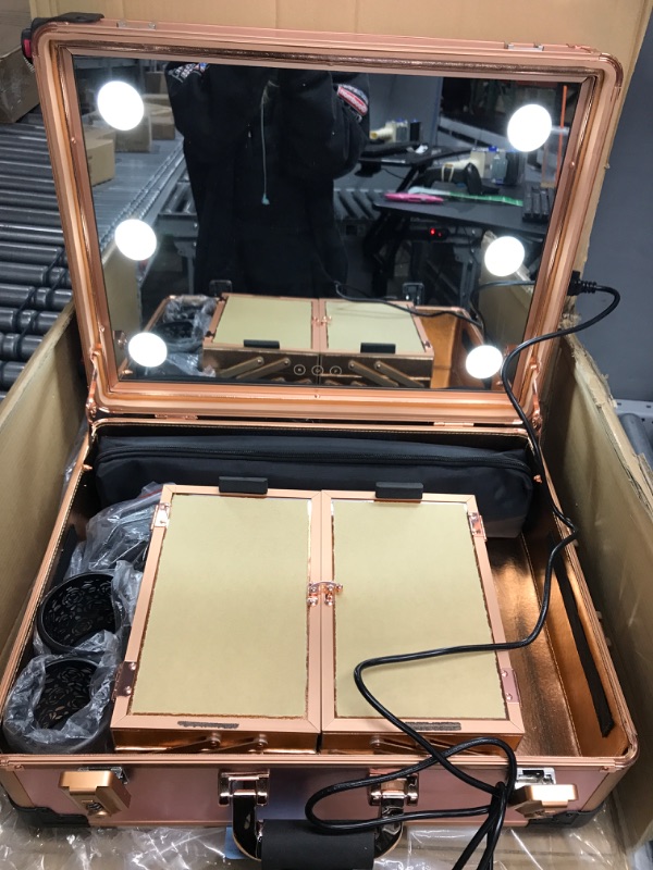 Photo 2 of *Tested/Case Has Minor Dent* Jula Vance Large Makeup Train Case with Speaker & Code Lock & Full Screen Lighted Mirror & 3 Light Colors Lighted Rolling Cosmetic Organizer, Professional Artist Trolley Studio Free Standing
