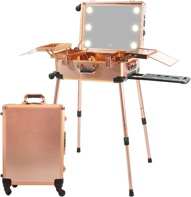 Photo 1 of *Tested/Case Has Minor Dent* Jula Vance Large Makeup Train Case with Speaker & Code Lock & Full Screen Lighted Mirror & 3 Light Colors Lighted Rolling Cosmetic Organizer, Professional Artist Trolley Studio Free Standing
