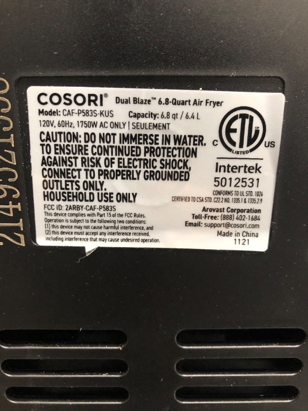 Photo 4 of -USED FOR PARTS-
COSORI Dual Blaze Air Fryer 6.8QT, No Preheat & No Shake, 6+6 Presets, Heating Adjusts For A True Air Fry, Bake, Toast, And Broil, Fast Cooking, 1100+ In-App Recipes, Fit For 5-6 people, 1750W Pro Dark Gray