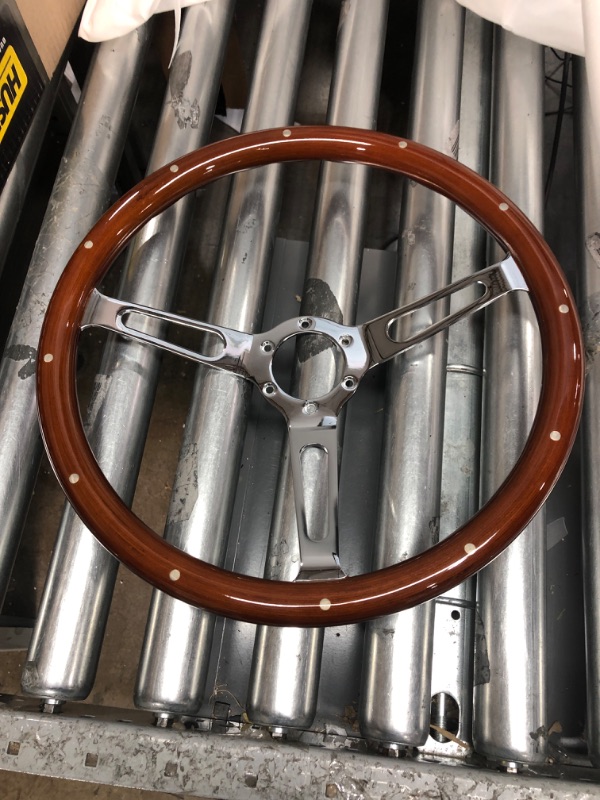 Photo 2 of MR HELLO 15" Inch Classic Wood Grain Grip Steering Wheel 3 Spoke Riveted 380mm 6 Bolt with Horn Button (long hole)