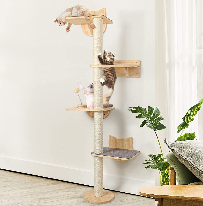 Photo 1 of 4 Tier 63 Inch Tall Wall Mounted Cat Furniture with 2pcs Non-Slip Carpet, Sisal Scratching Post and Cat Shelves Perch with Wood Track Toy Ball, Cat Climbing...
