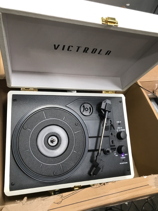 Photo 2 of Victrola Vintage 3-Speed Bluetooth Portable Suitcase Record Player with Built-in Speakers | Upgraded Turntable Audio Sound| White (VSC-550BT-WH) White Record Player