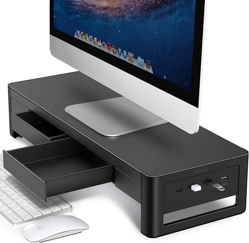 Photo 1 of meatanty 2 In 1 Monitor Stand Riser with 2 Storage Drawers and 4 USB Ports, Metal Computer Monitor Stand Supports Transfer Data and Charging, Desk Organizer for PC,Laptop,iMac (21 x 7.9 x 4.3 inches)
