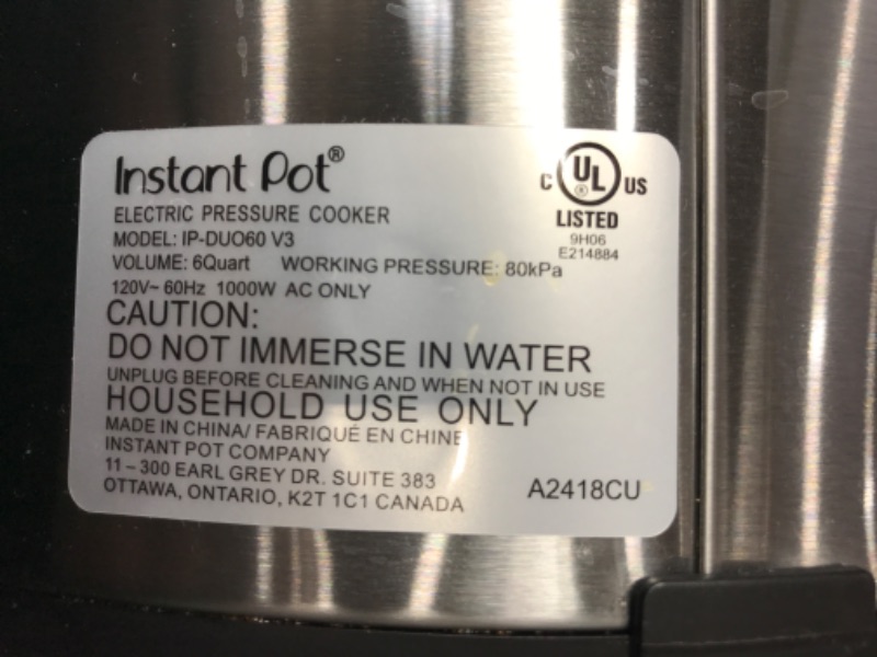 Photo 3 of *NONFUNCTIONAL* Instant Pot Duo 7-in-1 Electric Pressure Cooker, Slow Cooker, Rice Cooker, Steamer, Sauté, Yogurt Maker, Warmer & Sterilizer, Includes App With Over 800 Recipes, Stainless Steel, 6 Quart 6QT Duo Pressure Cooker