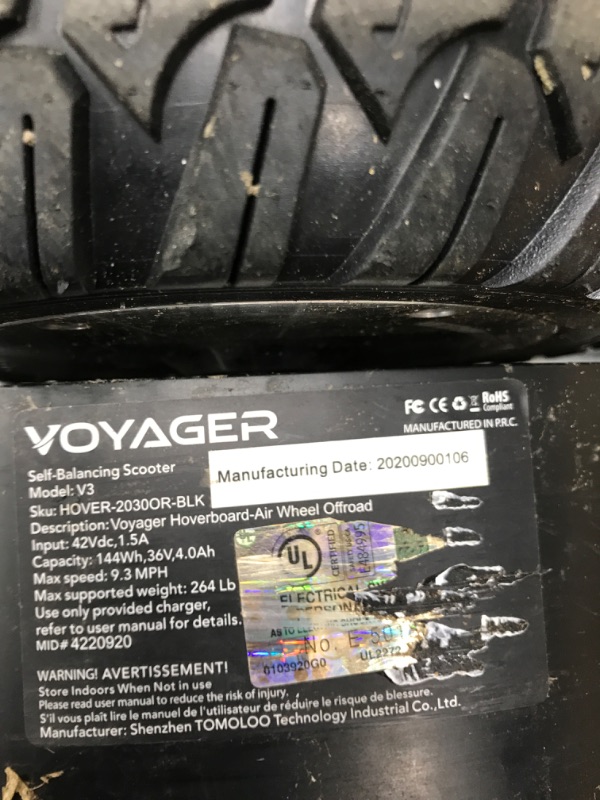 Photo 5 of ***TESTED WORKING, SEE NOTES*** VOYAGER Hoverboard Air Wheel Offroad Electric Hoverboard, Rugged 8.5 Inch All Terrain Wheels, 8.7 Miles Per Charge, 9 MPH, 240 lb Load, Bluetooth App, LED Light, Water Resistant, Boys Girls, (Black) Off-Road Air Wheel