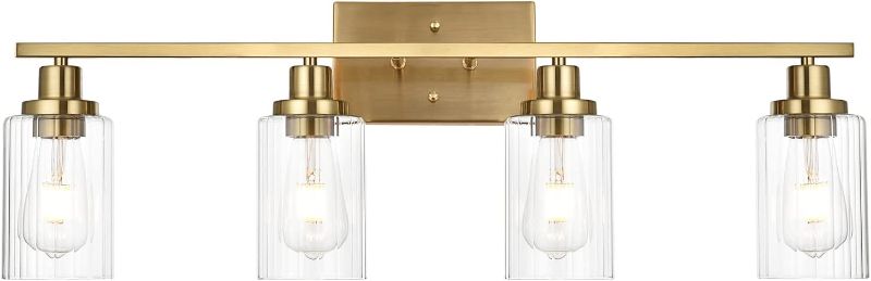 Photo 1 of  Gold Bathroom Vanity Lights, 4 Light Brushed Gold Bathroom Light Fixtures with Clear Grooved Glass Shade, Modern Gold Bathroom Lights Over Mirror,Vanity Lighting