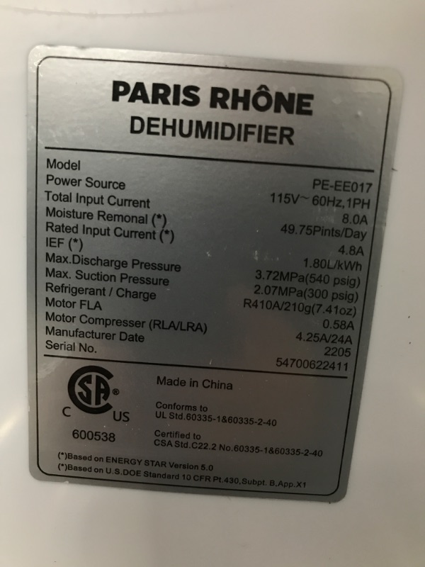 Photo 2 of ***TESTED/ TURNS ON *** PARIS RHÔNE Dehumidifier with Pump, 5000 Sq. Ft Energy Star Dehumidifiers for Large Room Drain Hose Portable Dehumidifier for Basement 80° Oscillation, Auto Shutoff

