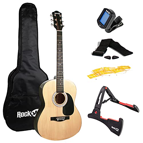 Photo 1 of RockJam Acoustic Guitar Superkit Includes Stand, Gig Bag, Tuner, Picks, Plectrum Holder, Spare Strings & Online Lessons 6 String Pack, Right, Natural,
