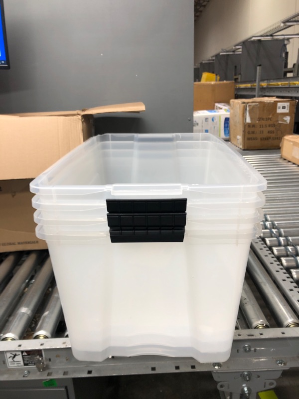 Photo 5 of *1 BIN IS CRACKED,NO LIDS*
IRIS USA 72 Qt. Plastic Storage Bin Tote Organizing Container with Durable Lid and Secure Latching Buckles, Stackable and Nestable, 4 Pack, clear with Black Buckle g) 72 Qt. - 4 Pack