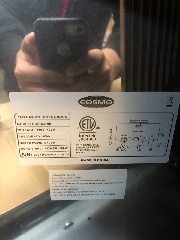 Photo 3 of *NOT TESTED*
COSMO 63190 36 in. Wall Mount Range Hood with Ducted Convertible Ductless (No Kit Included), Kitchen Chimney-Style Over Stove Vent, 3 Speed Exhaust Fan, LED Lights in Stainless Steel 36 inch
