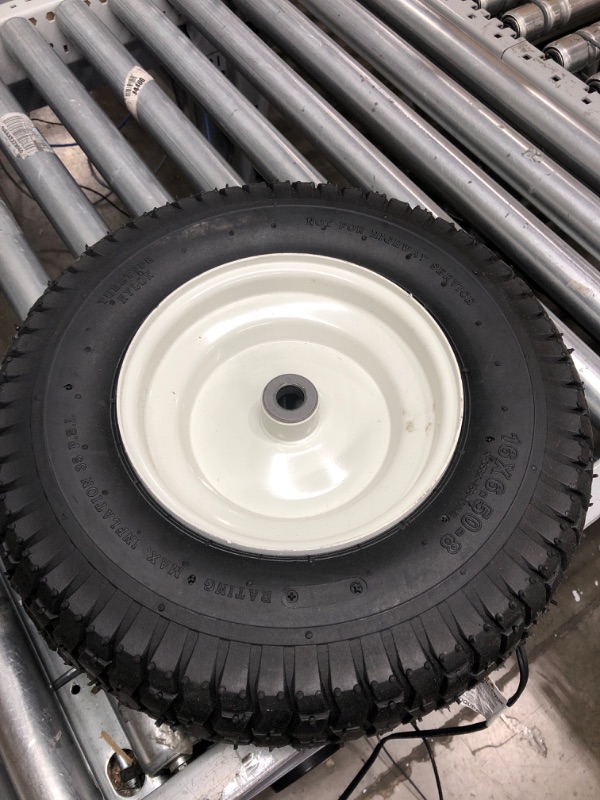 Photo 3 of (2-Pack) 16x6.50-8 Pneumatic Tires on Rim - Universal Fit Riding Mower and Yard Tractor Wheels - With Chevron Turf Treads - 3” Centered Hub and 3/4” Bushings - 615 lbs Max Weight Capacity