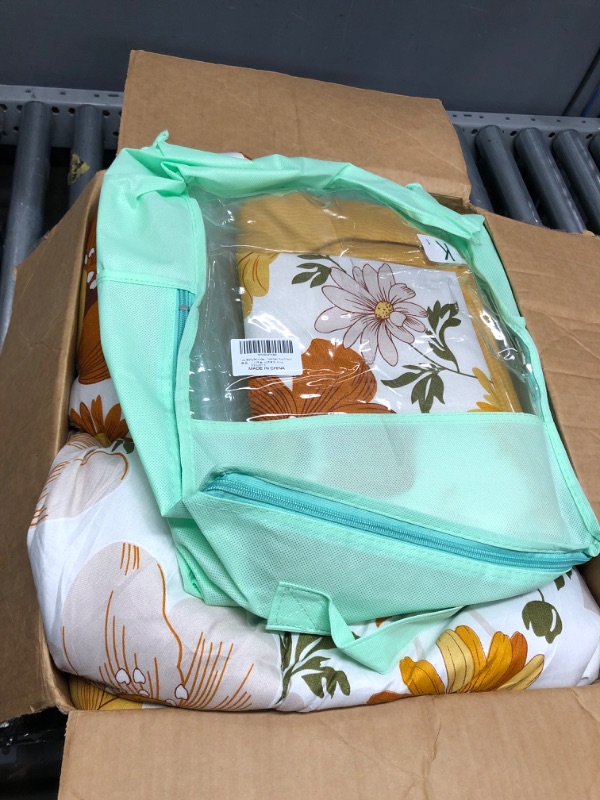 Photo 2 of ***PREVIOUSLY USED***   Yellow Comforter Sheet Set Floral Bed in a Bag 7 Pieces King Size Orange Flowers Microfiber Winter Bedding Set (1 Comforter 2 Pillow Shams 1 Flat Sheet 1 Fitted Sheet 2 Pillowcases) Yellow King-7 Pieces