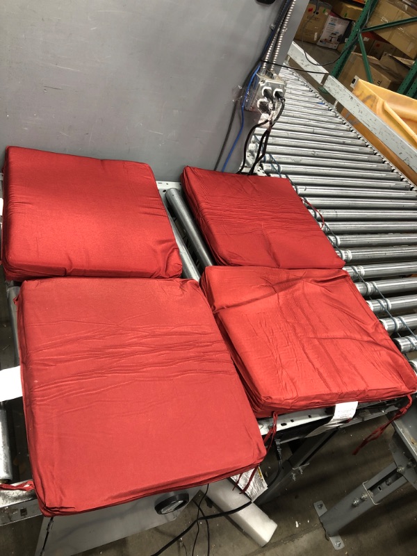 Photo 2 of ***PREVIOUSLY USED****   Basic Beyond Outdoor Chair Cushions for Patio Furniture - Square Corner Outdoor Chair Cushions Set of 4, Waterproof Seat Cushions with Ties, 18.5"x16"x3", Red Solid Color/Burgundy Square Corner (18.5"x16"x3")
