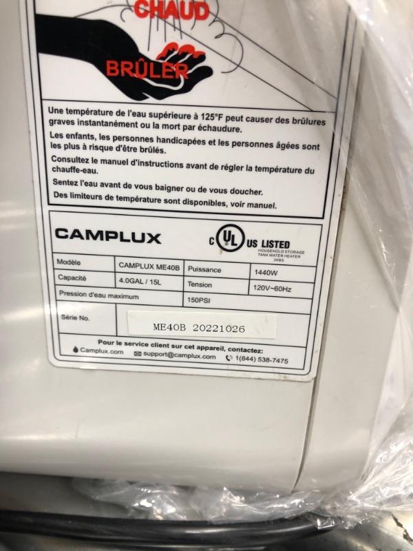 Photo 6 of ****PREVIOUSLY USED****   Camplux Hot Water Heater 4 Gallon, Electric Water Heaters with Cord Plug 1.44kW at 120 Volts 4.0 Gal