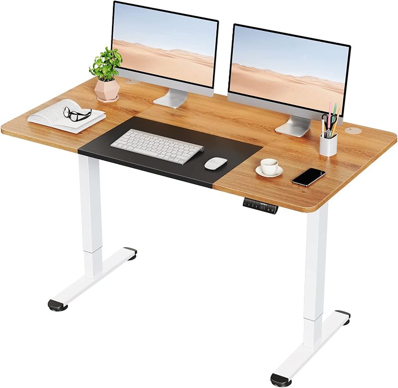 Photo 1 of WOKA 55 x 28 Inch Electric Standing Desk, Height Adjustable Stand Up Desk, Sit Stand Desk with Memory Controllers, Adjustable Desk for Home Office with Black and Deep Oak Top and White Frame


