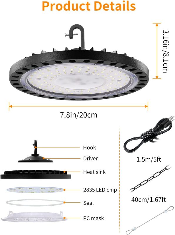 Photo 1 of LED High Bay Light, 100W UFO LED High Bay Lights, 12000LM Eqv.400W MH/HPS 5000K LED Shop Lights with US Plug 5' Cable, IP65 Warehouse Light, Area Light Bay Lighting for Shop Garage Workshop 