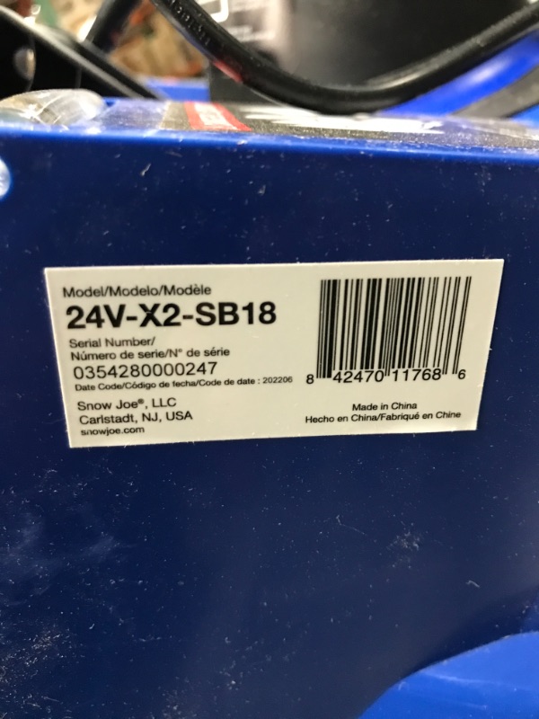 Photo 6 of *****MISSING BATTERIES***** Snow Joe 24V-X2-SB18 18-Inch 48-Volt 4-Ah Cordless Snow Blower, (2x4.0AH) Kit (w/ 2 x 4.0-Ah Battery, Charger, and Accessories) 18-Inch Snow Blower