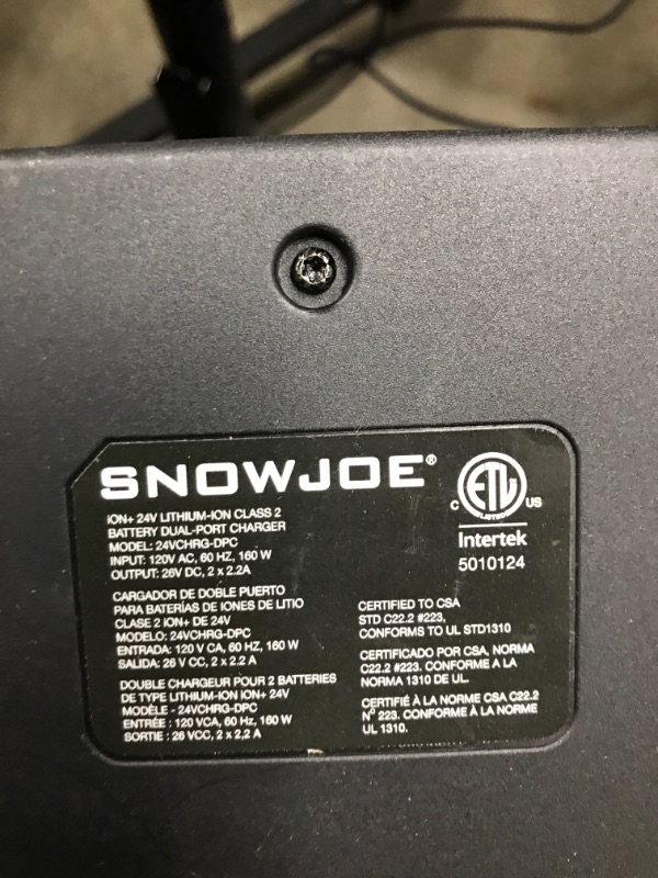 Photo 7 of *****MISSING BATTERIES***** Snow Joe 24V-X2-SB18 18-Inch 48-Volt 4-Ah Cordless Snow Blower, (2x4.0AH) Kit (w/ 2 x 4.0-Ah Battery, Charger, and Accessories) 18-Inch Snow Blower