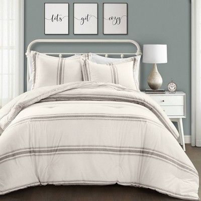 Photo 1 of 3PC KING FARMHOUSE STRIPE REVERSIBLE COTTON COMFORTER &#38; SHAM SET GRAY - LUSH D&#233;COR
