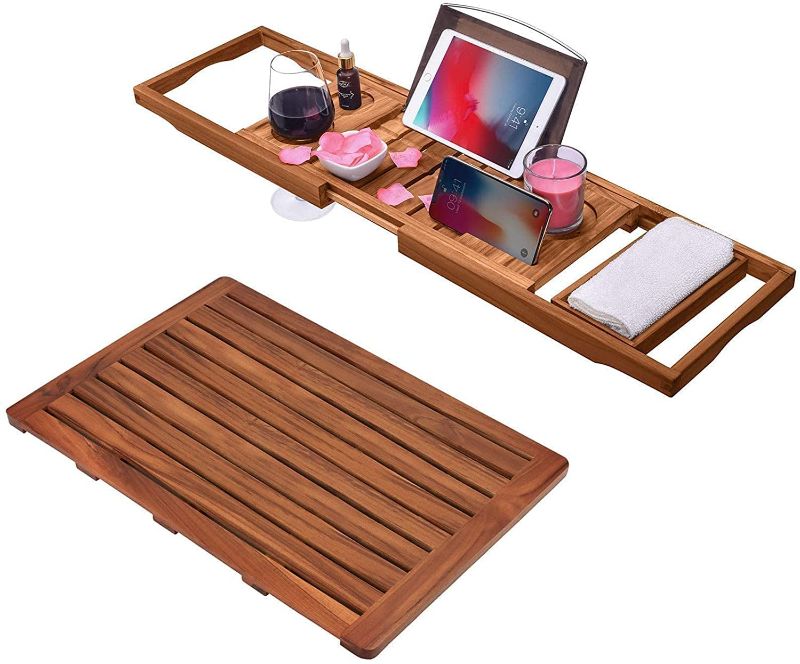 Photo 1 of (ONLY PLANK)Teak Shower Mat with Bathtub Caddy Tray 