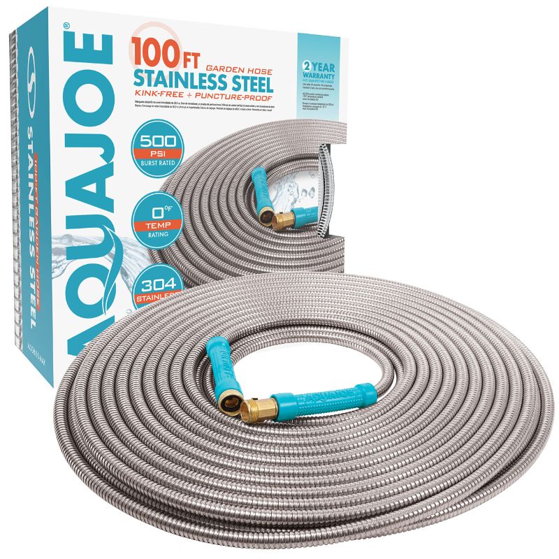 Photo 1 of Aqua Joe AJSGH100-MAX 1/2-Inch Heavy-Duty, Puncture Proof Kink-Free, Garden Hose w/Brass Fitting & On/Off Valve, Spiral Constructed 304-Stainless Steel Metal, 100-Foot