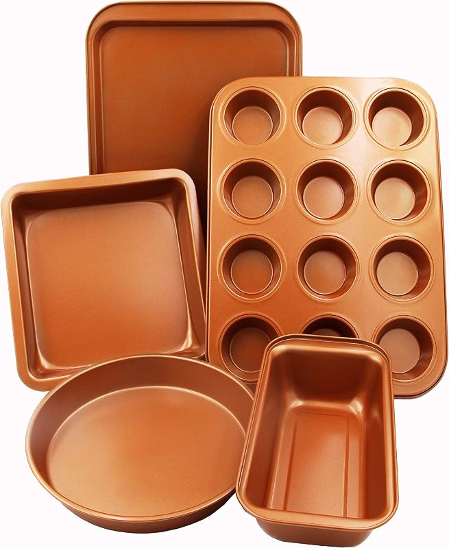 Photo 2 of *missing/mixed* Kirkland Signature 12-piece Hard Anodized Cookware Set, red and CopperKitchen 5 pcs Baking Pans - Organic Eco Friendly Nonstick Coating - Premium Quality - Muffin Pan, Loaf Pan, Square Pan, Cookie Sheet, Round Pan - Bakeware Set
