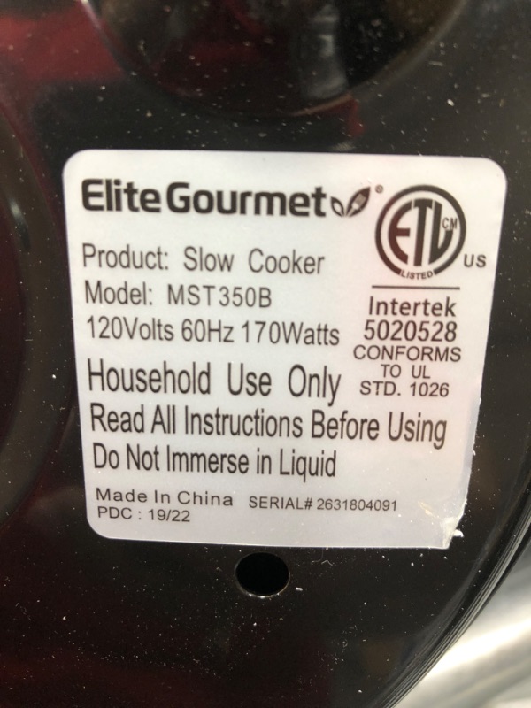 Photo 4 of *** POWERS ON *** Elite Gourmet MST-350B# Electric Slow Cooker, Adjustable Temp, Entrees, Sauces, Stews & Dips, Dishwasher Safe Glass Lid & Crock (3 Quart, Black) 3 Quart Black