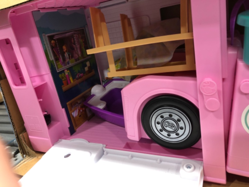 Photo 6 of Barbie Camper 3-in-1 DreamCamper Toy Playset Transforming Camper with Pool, Truck and Boat 60 Barbie Accessories Kids Toys and Gifts 3 in 1 Camper