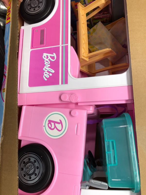 Photo 2 of Barbie Camper 3-in-1 DreamCamper Toy Playset Transforming Camper with Pool, Truck and Boat 60 Barbie Accessories Kids Toys and Gifts 3 in 1 Camper