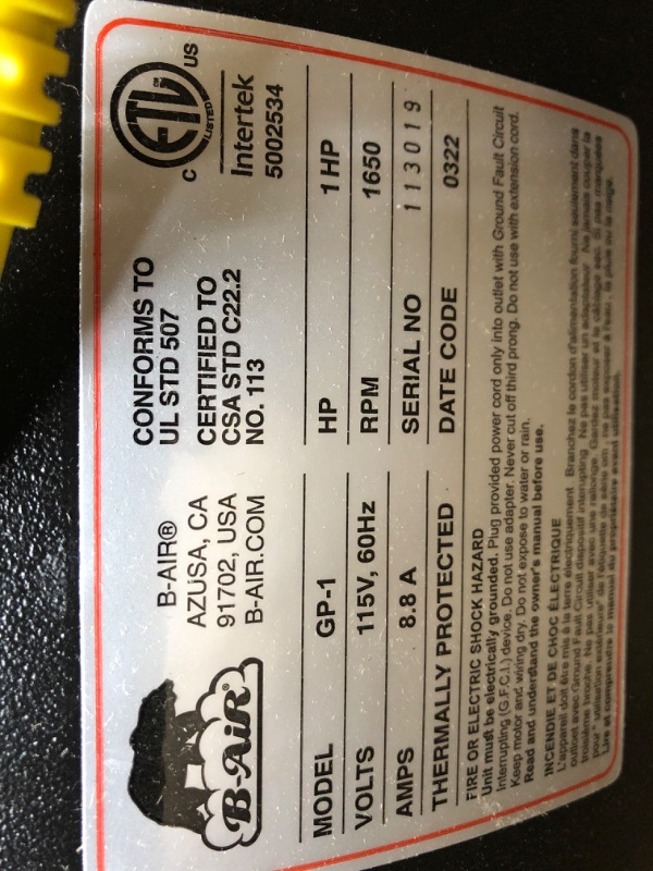 Photo 1 of *** POWERS ON *** B-Air Dryer Airmovers B-Air Grizzly ETL Approved Dryer Airmover Black