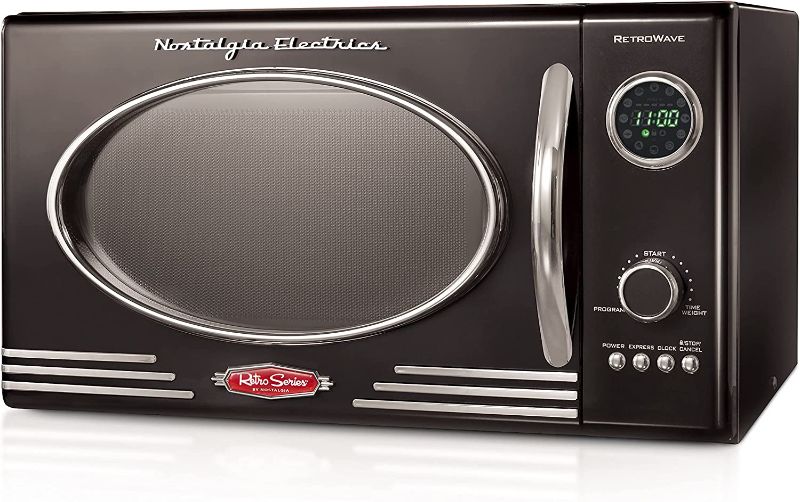 Photo 1 of *** POWERS ON *** Nostalgia Retro Compact Countertop Microwave Oven, 0.7 Cu. Ft. 700-Watts with LED Digital Display, Child Lock, Easy Clean Interior, BLACK