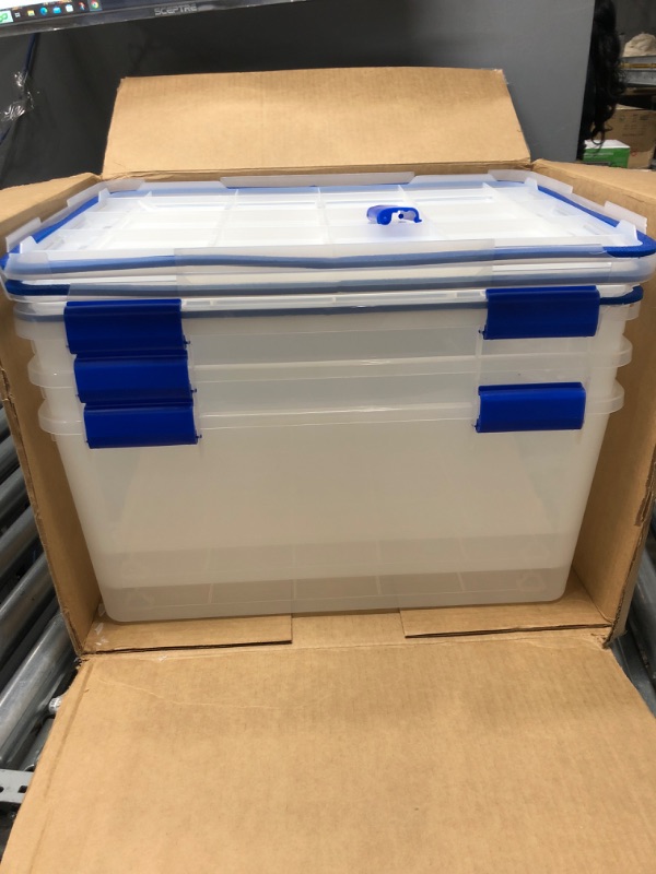 Photo 2 of *Lids Damaged-See Photos* IRIS USA 60 Quart WEATHERPRO Plastic Storage Box with Durable Lid and Seal and Secure Latching Buckles, Clear With Blue Buckles, Weathertight, 3 Pack 60 Quart - 3 Pack