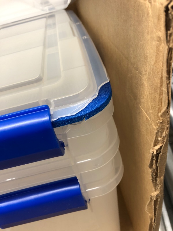 Photo 5 of *Lids Damaged-See Photos* IRIS USA 60 Quart WEATHERPRO Plastic Storage Box with Durable Lid and Seal and Secure Latching Buckles, Clear With Blue Buckles, Weathertight, 3 Pack 60 Quart - 3 Pack