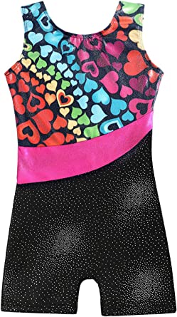 Photo 1 of Leotards for Girls Gymnastics with Shorts Sparkle Butterfly Flowers Pattern Sleeveless Biketards Hotpink Black
